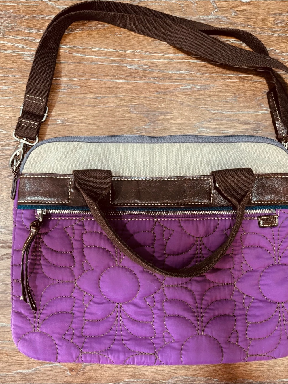 Fossil Purple Quilted Laptop Bag with Brown Trim. “Key Par”